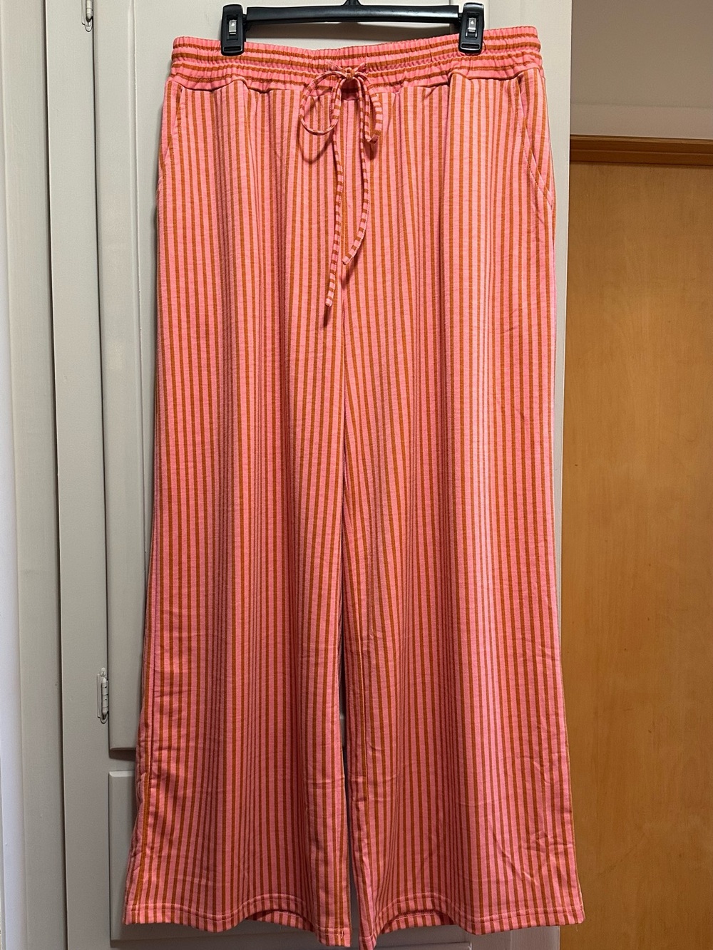 Amazon Wide Leg Drawstring Pants in Coral and Light Pink Stripe